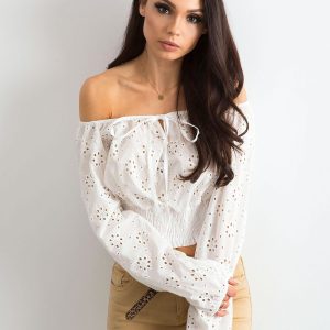 Wholesale White openwork blouse with long sleeves