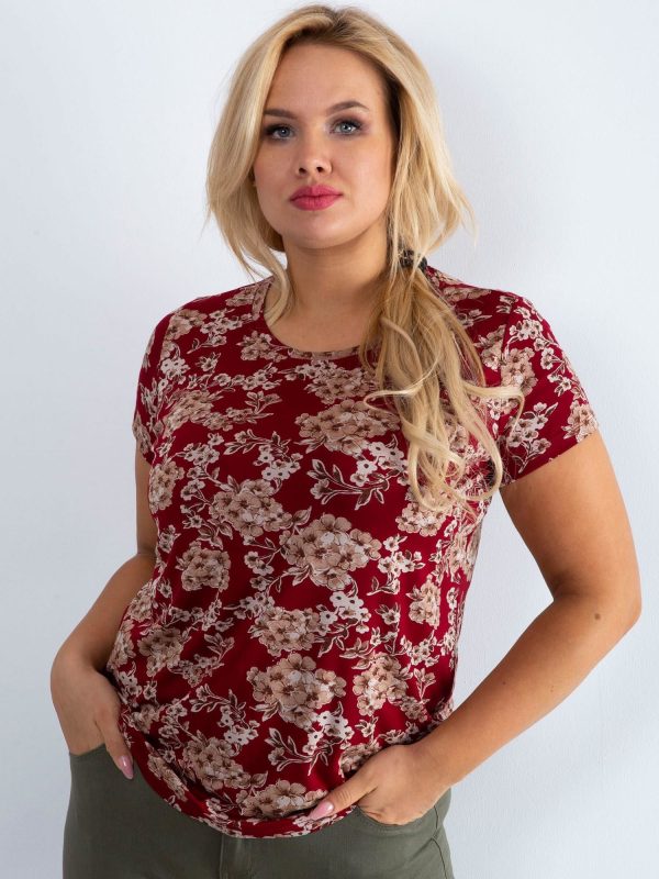 Wholesale Burgundy plus size floral t-shirt