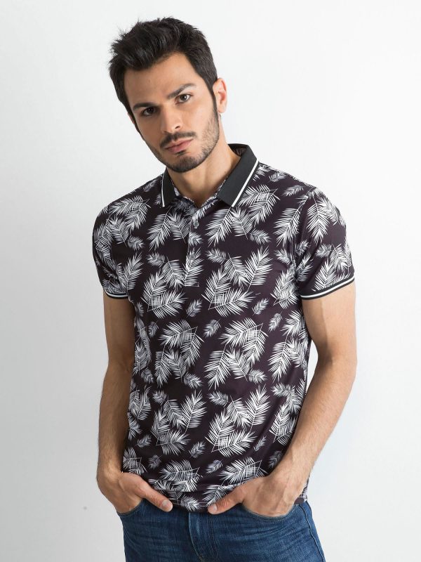 Wholesale Black Men's Plant Motif Polo Shirt