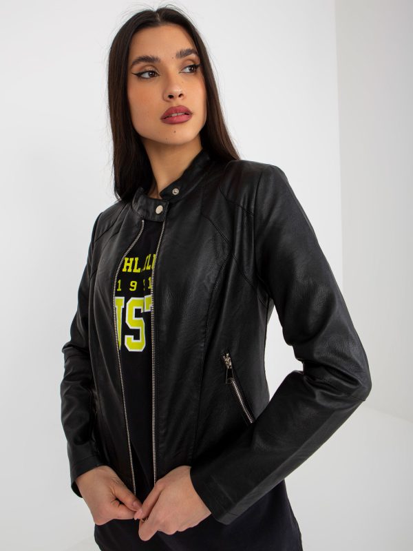 Wholesale Black eco-leather biker jacket with lining