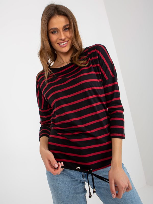 Wholesale Black and Red Women's Basic Striped Blouse with Ribbed