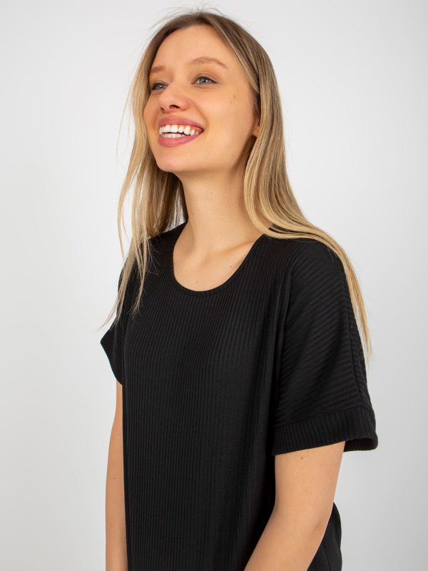 Wholesale Black ribbed oversize blouse with round neckline