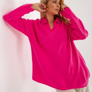 Wholesale Fluo pink long oversized sweater with collar RUE PARIS