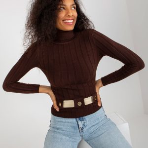 Wholesale Dark Brown Women's Wide Stripe Turtleneck Sweater