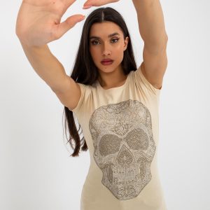 Wholesale Beige fitted t-shirt with rhinestones