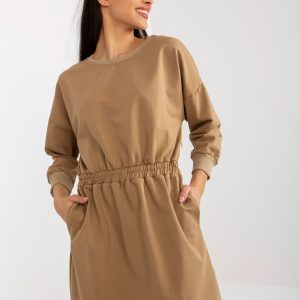 Wholesale Camel mini sweatshirt dress with elastic waistband