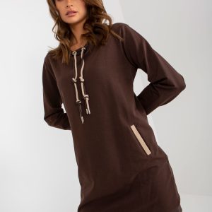 Wholesale Dark brown mini sweatshirt dress basic with pockets