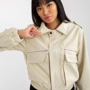 Wholesale Light beige eco-leather short jacket with pockets