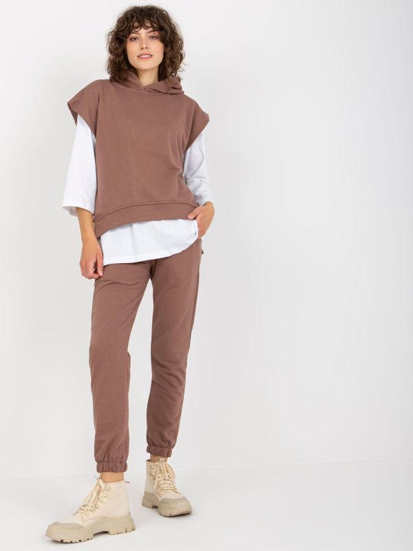 Wholesale Brown three-piece casual set with sweatshirt