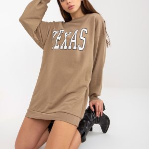 Wholesale Dark beige long sweatshirt with inscription and pockets