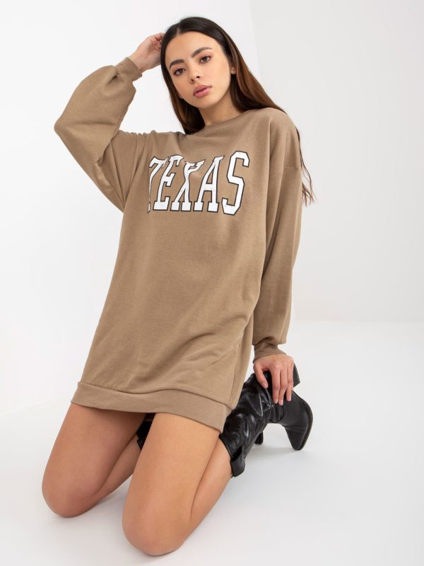 Wholesale Dark beige long sweatshirt with inscription and pockets