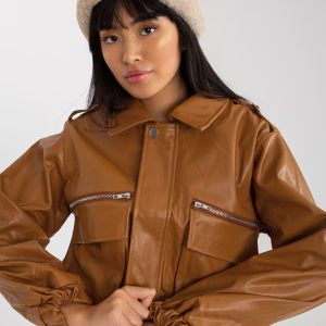 Wholesale Camel short jacket made of eco leather with pockets