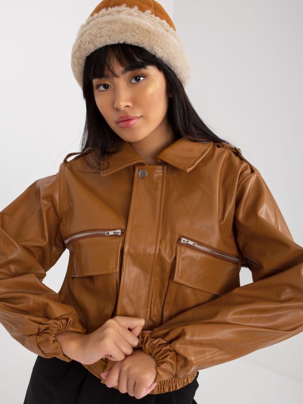 Wholesale Camel short jacket made of eco leather with pockets