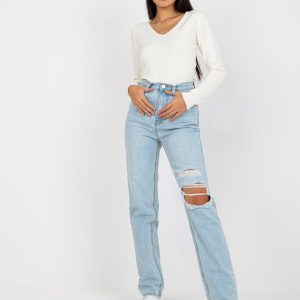 Wholesale Light blue straight leg denim pants with holes