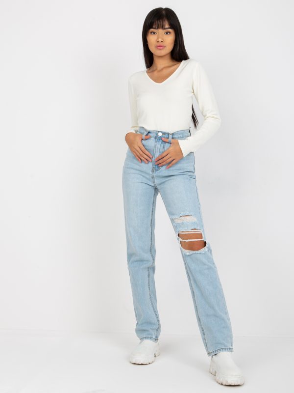 Wholesale Light blue straight leg denim pants with holes