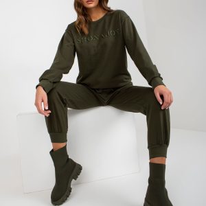 Wholesale Khaki two-piece tracksuit set with inscription