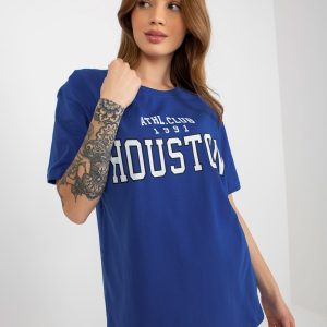 Wholesale Cobalt Loose Ladies T-Shirt with Lettering