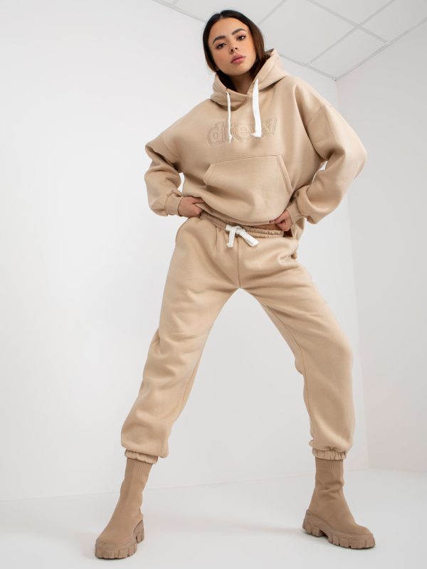 Wholesale Beige two-piece sweatshirt set with hoodie