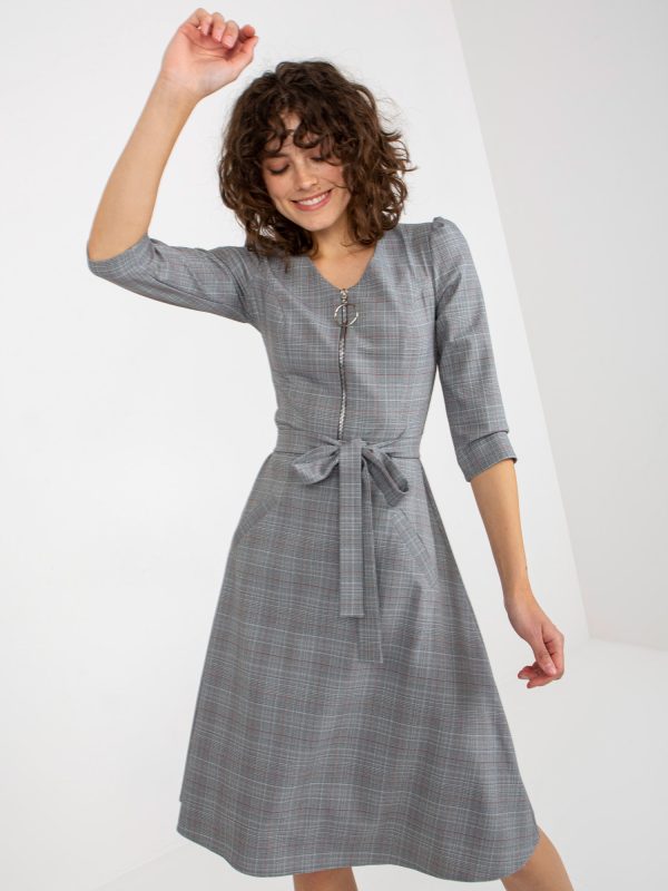 Wholesale Grey Plaid Midi Cocktail Dress with Tie Strap