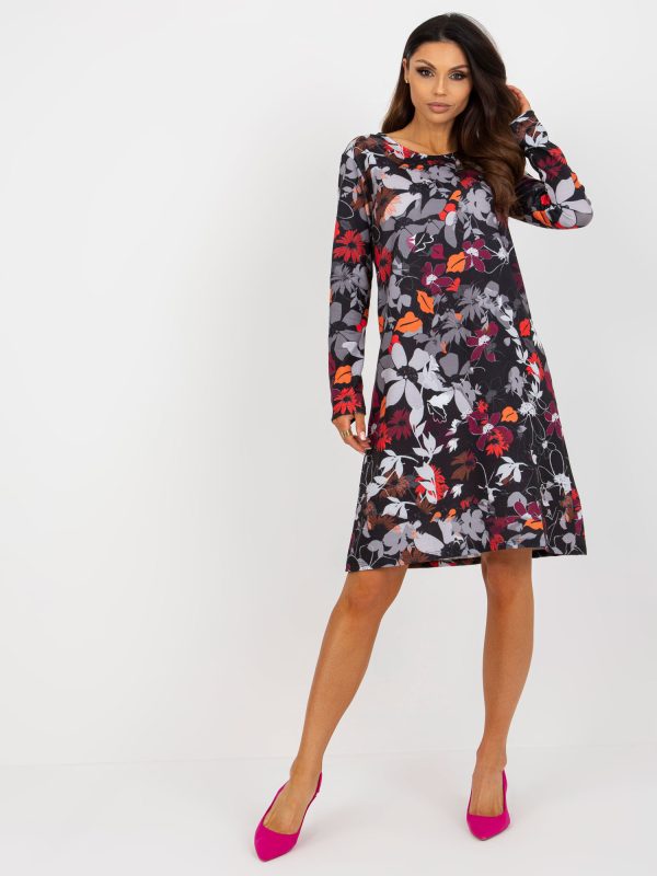 Wholesale Black and Grey Loose Floral Knee Dress