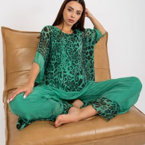 Wholesale Dark Green Silk Leopard Print Blouse with 3/4 Sleeves