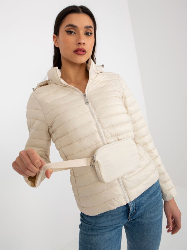 Wholesale Beige Transitional Quilted Jacket with Handbag and Hood