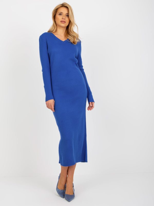 Wholesale Cobalt Ribbed Midi Length Knit Dress