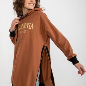 Wholesale Light brown long sweatshirt with hood and lettering