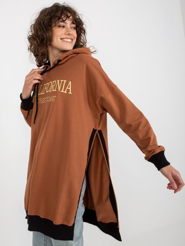 Wholesale Light brown long sweatshirt with hood and lettering