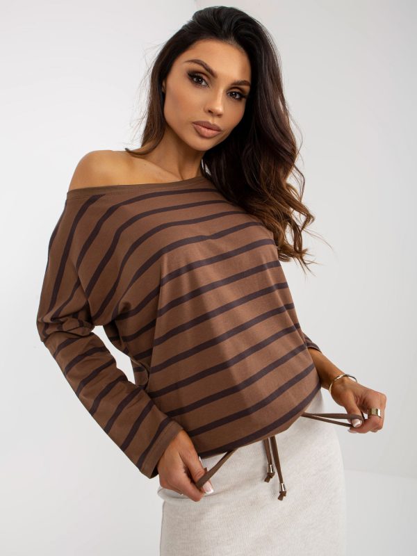 Wholesale Brown Cotton Basic Striped 3/4 Sleeve Blouse