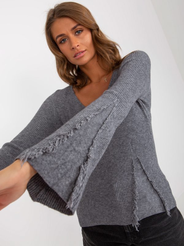 Wholesale Dark Gray Striped V-Neck Classic Sweater