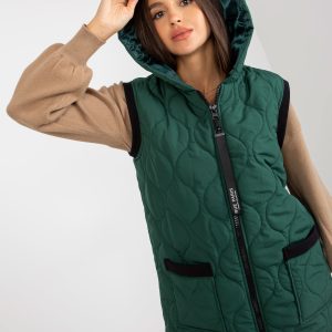 Wholesale Dark green long quilted vest with hood RUE PARIS