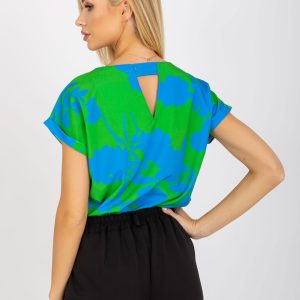 Wholesale Green and blue blouse with print and round neckline RUE PARIS