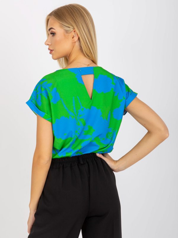 Wholesale Green and blue blouse with print and round neckline RUE PARIS