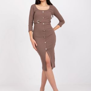 Wholesale Brown fitted ribbed dress with slit Dominican Republic RUE PARIS