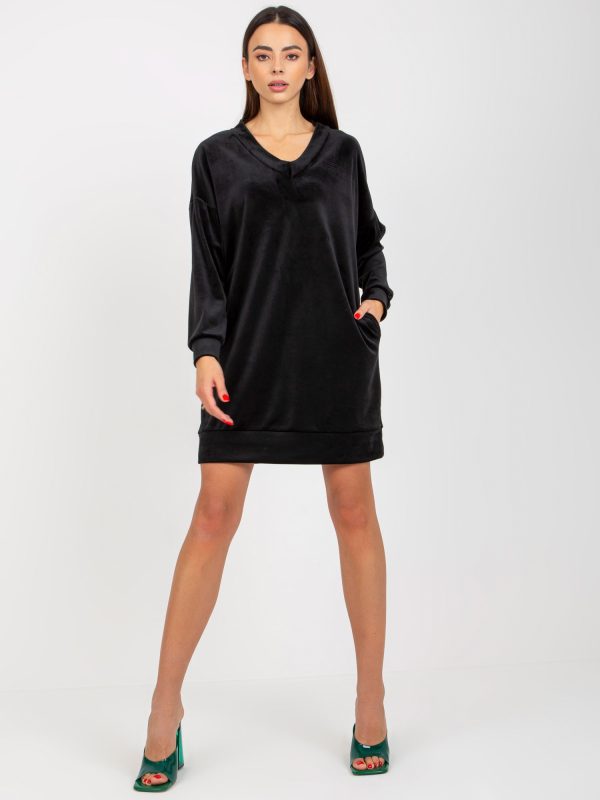 Wholesale Black velvet casual dress with triangle neckline RUE PARIS