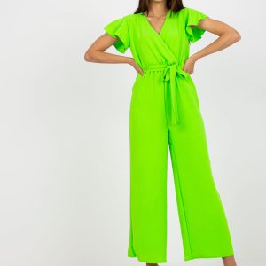 Wholesale Fluo green wide leg jumpsuit with short sleeves RUE PARIS