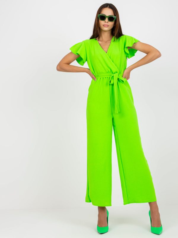 Wholesale Fluo green wide leg jumpsuit with short sleeves RUE PARIS