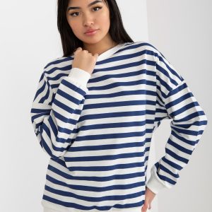 Wholesale Ecru-dark blue women's basic striped sweatshirt RUE PARIS