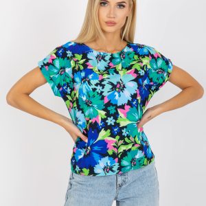 Wholesale Blue and green print blouse with short sleeves RUE PARIS