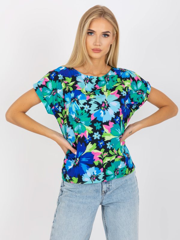 Wholesale Blue and green print blouse with short sleeves RUE PARIS