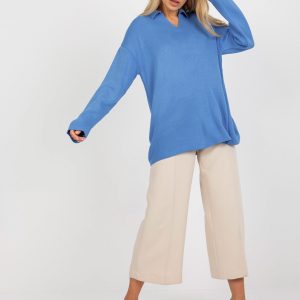 Wholesale Blue women's oversized sweater with collar RUE PARIS