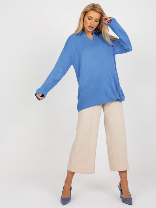 Wholesale Blue women's oversized sweater with collar RUE PARIS