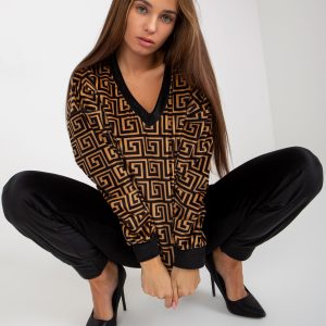 Wholesale Camel-black velour set with RUE PARIS print sweatshirt