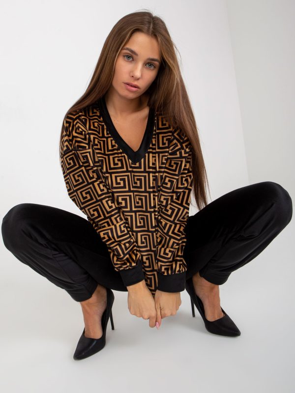 Wholesale Camel-black velour set with RUE PARIS print sweatshirt