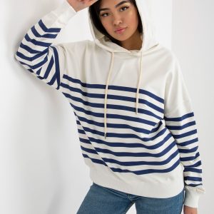 Wholesale Ecru-dark blue basic women's hooded sweatshirt RUE PARIS