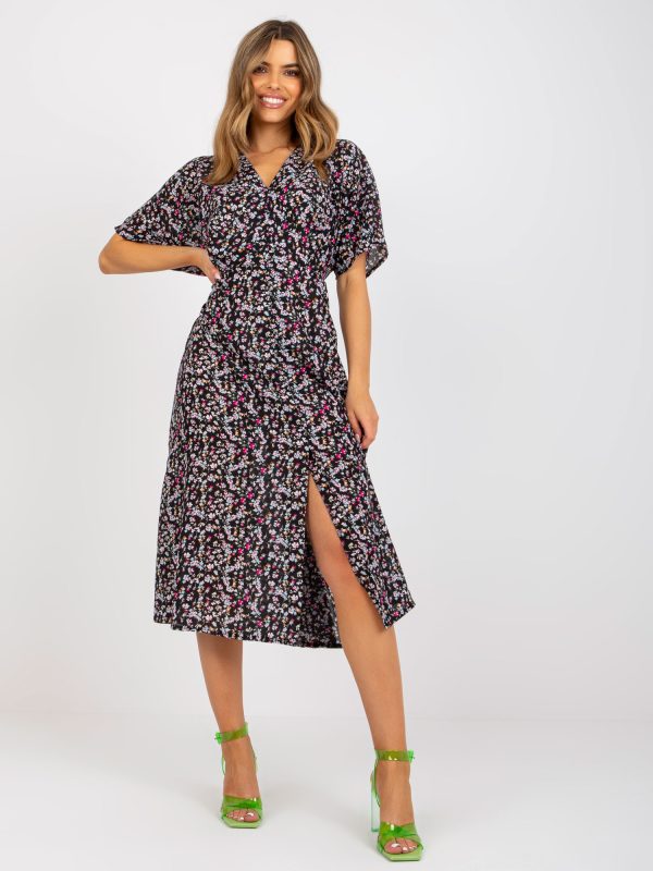 Wholesale Black floral midi dress with slit