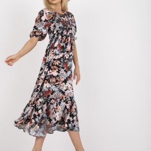 Wholesale Black floral dress with midi length RUE PARIS