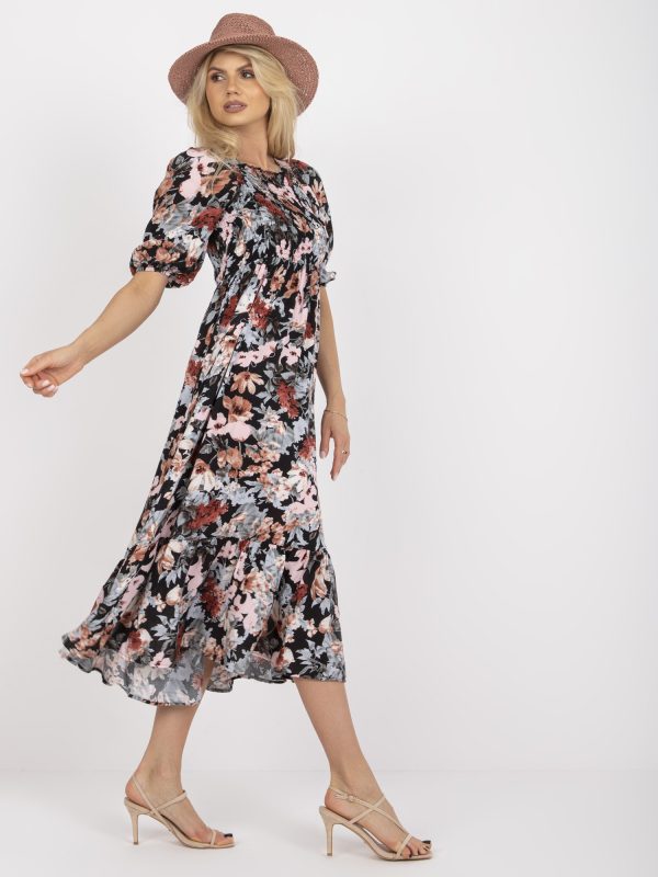 Wholesale Black floral dress with midi length RUE PARIS