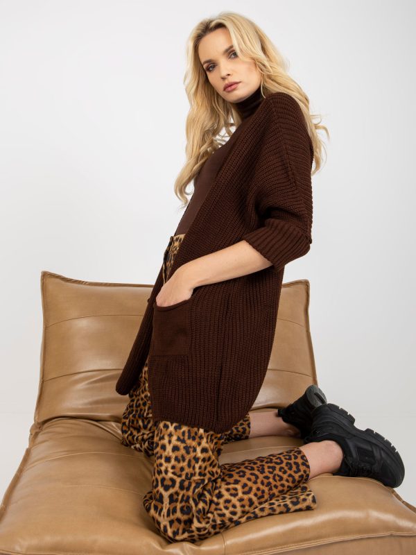 Wholesale Dark Brown 3/4 Sleeve Loose Cardigan RUE PARIS